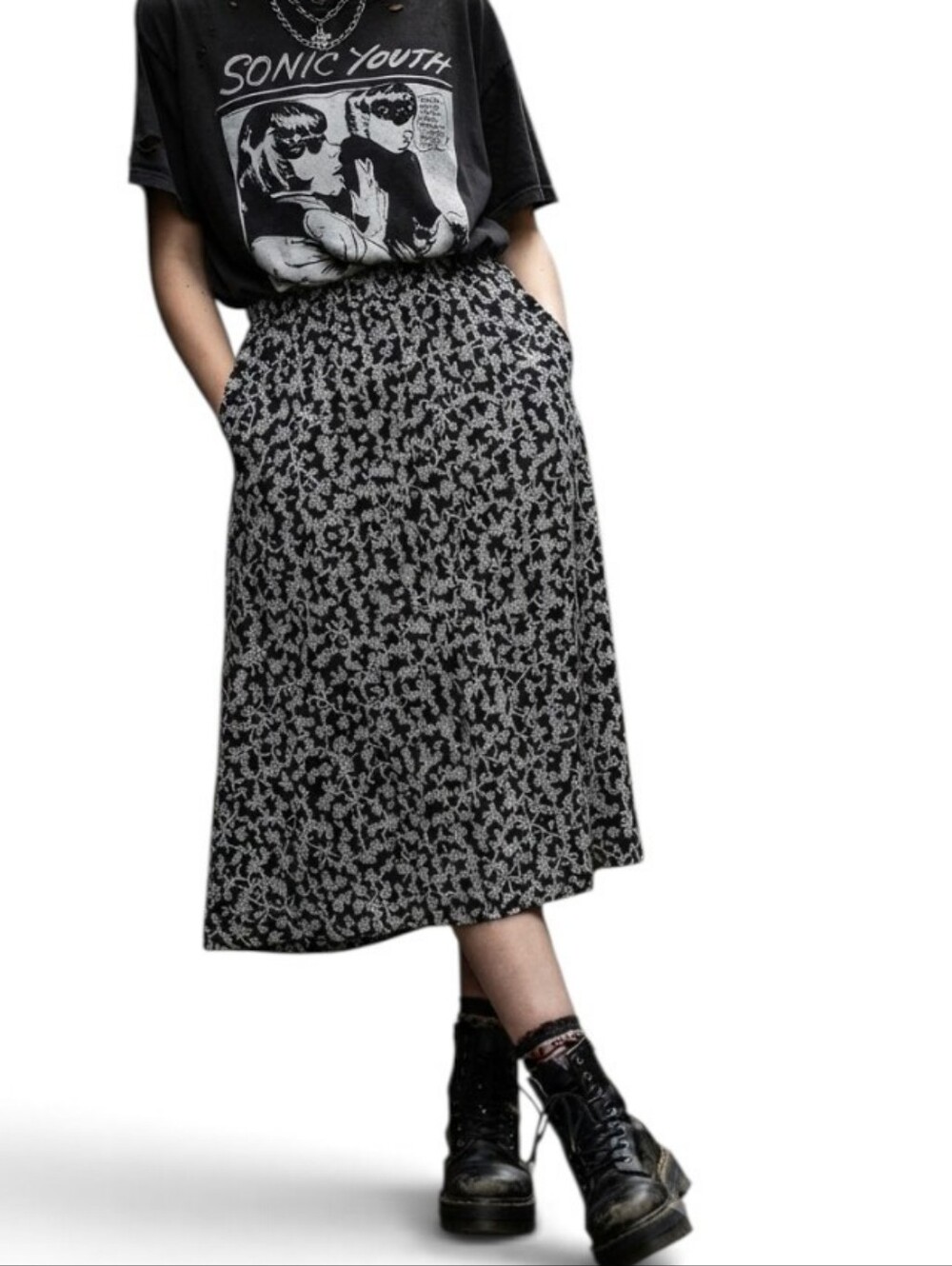 90s Vintage Blue Black and White Floral Midi Skirt Large